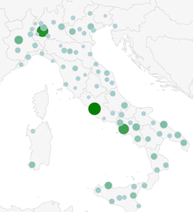 Mappa dell’Italia con le province di provenienza degli studenti: i cerchi più grandi sono su Roma, Milano e Napoli